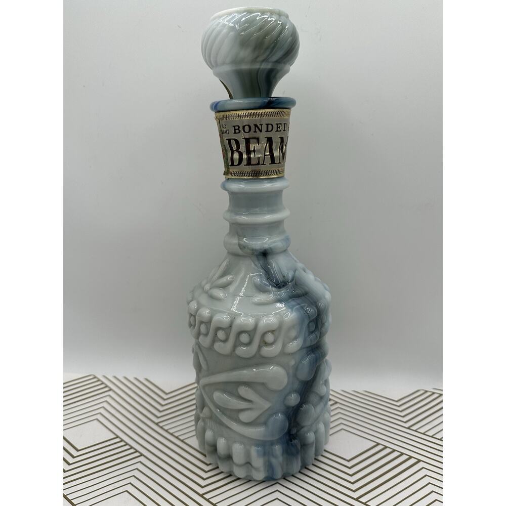 Vintage 1969 Jim Beam Bonded Gray Marble Swirl Milk Glass Decanter Bottle MCM